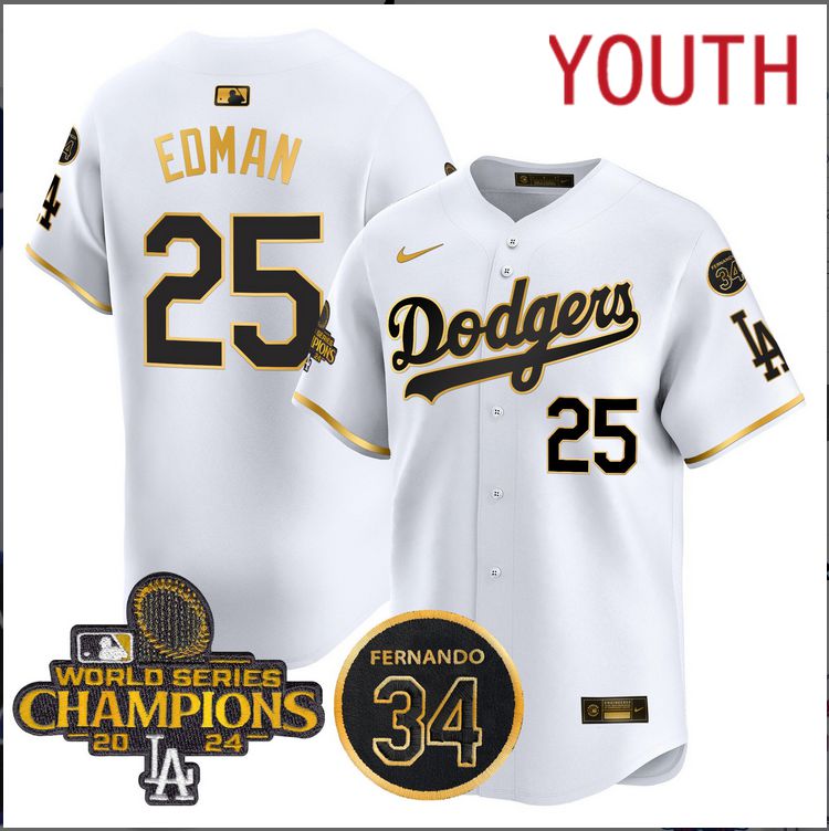 Youth  MLB Los Angeles Dodgers #25 Edman white 2024 World Series Champions Patch Limited Jersey style 4->youth mlb jersey->Youth Jersey